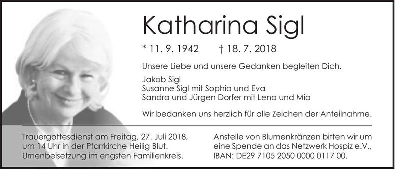 Traueranzeige Katharina Sigl