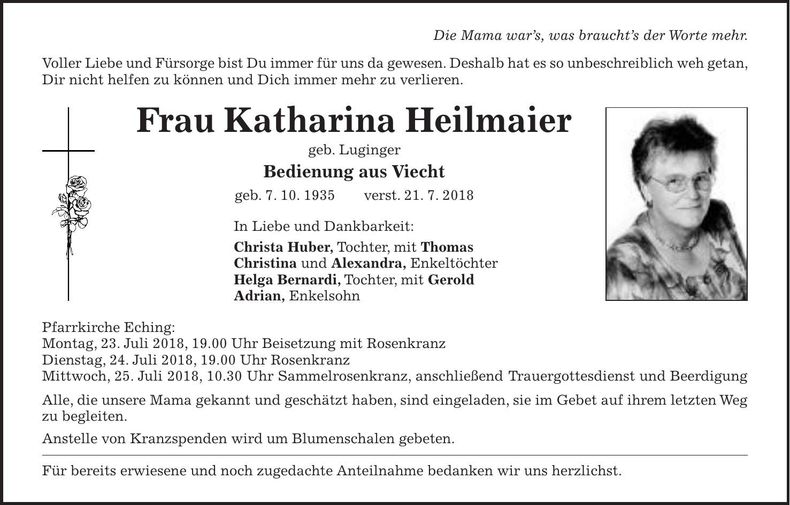Traueranzeige Katharina Heilmaier