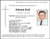 Traueranzeige Johann Keil