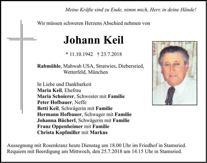 Traueranzeige Johann Keil