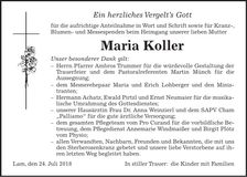 Traueranzeige Maria Koller