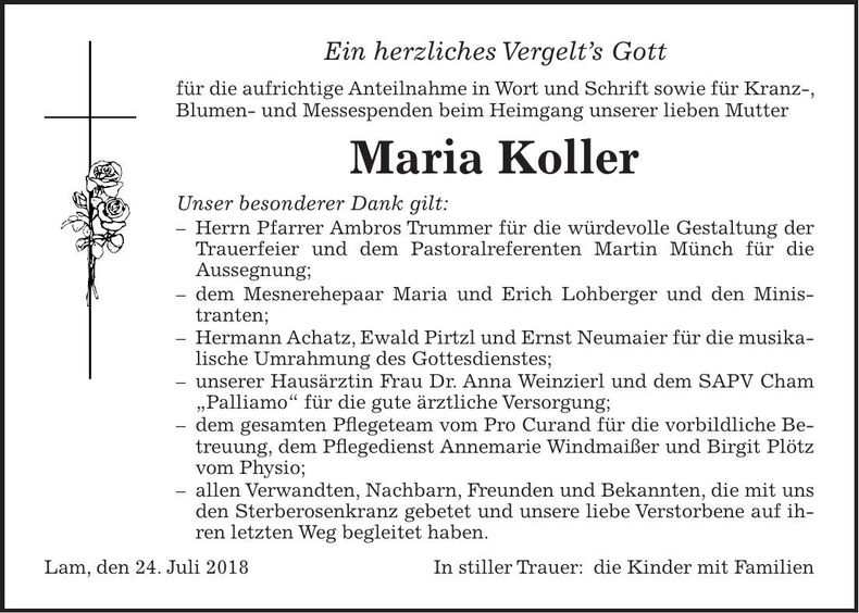 Traueranzeige Maria Koller