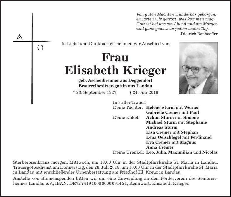 Traueranzeige Elisabeth Krieger