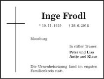 Traueranzeige Inge Frodl