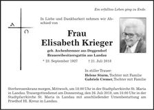 Traueranzeige Elisabeth Krieger