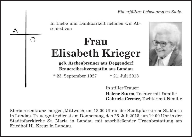 Traueranzeige Elisabeth Krieger