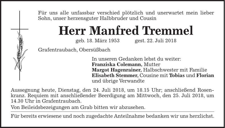 Traueranzeige Manfred Tremmel