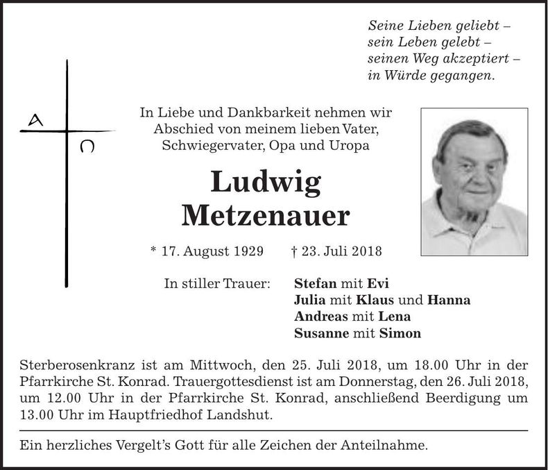 Traueranzeige Ludwig Metzenauer