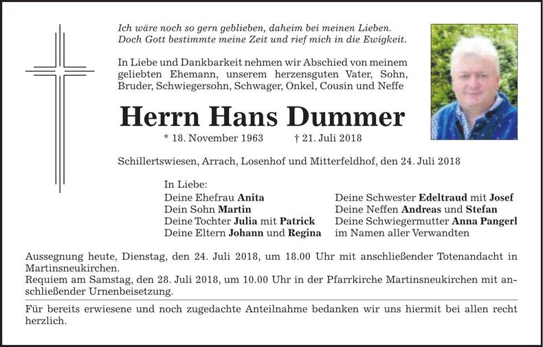Traueranzeige Hans Dummer