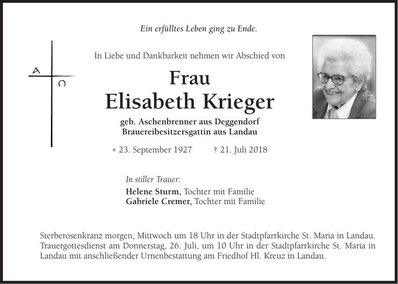 Traueranzeige Elisabeth Krieger