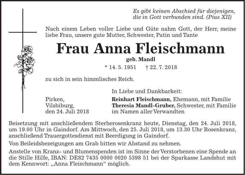 Traueranzeige Anna Fleischmann