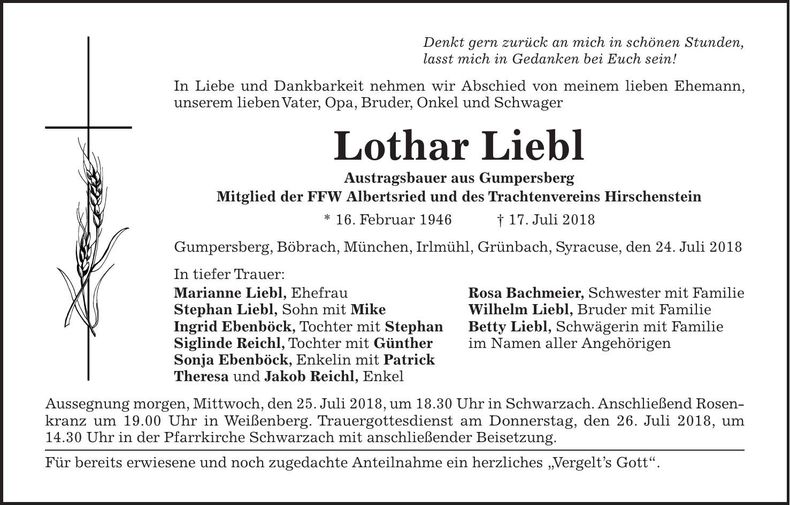 Traueranzeige Lothar Liebl