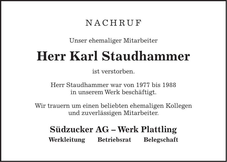 Traueranzeige Karl Staudhammer