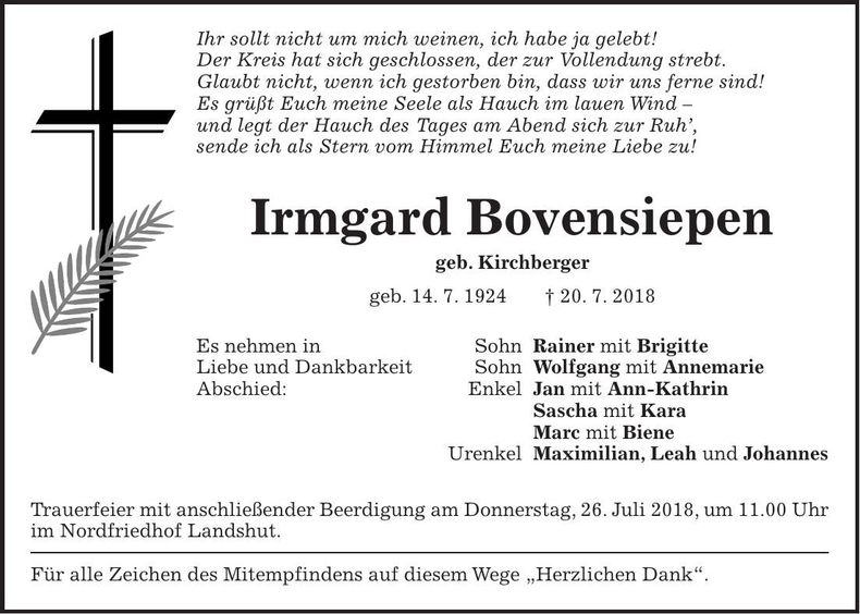 Traueranzeige Irmgard Bovensiepen