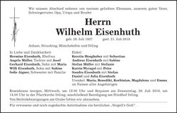 Traueranzeige Wilhelm Eisenhuth