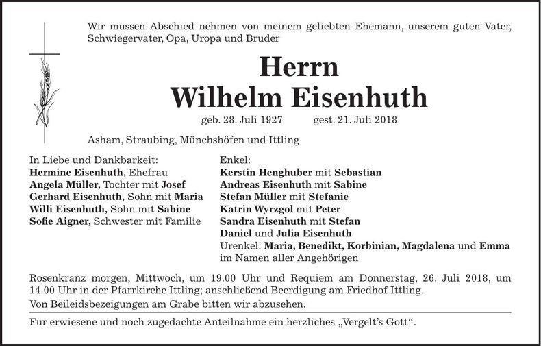 Traueranzeige Wilhelm Eisenhuth