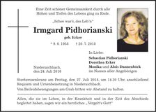 Traueranzeige Irmgard Pidhorianski