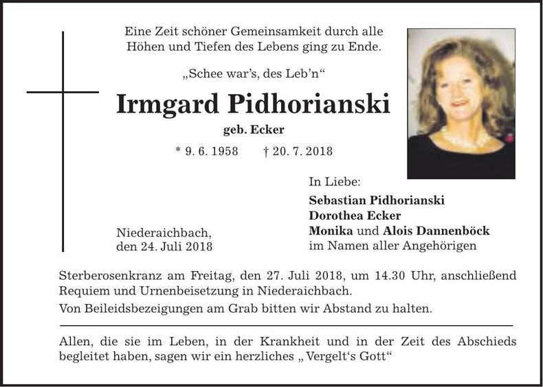 Traueranzeige Irmgard Pidhorianski