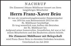Traueranzeige Franz Xaver Bräu