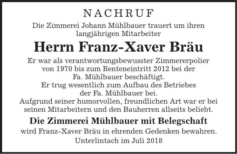 Traueranzeige Franz Xaver Bräu
