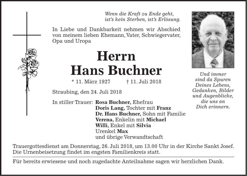 Traueranzeige Hans Buchner