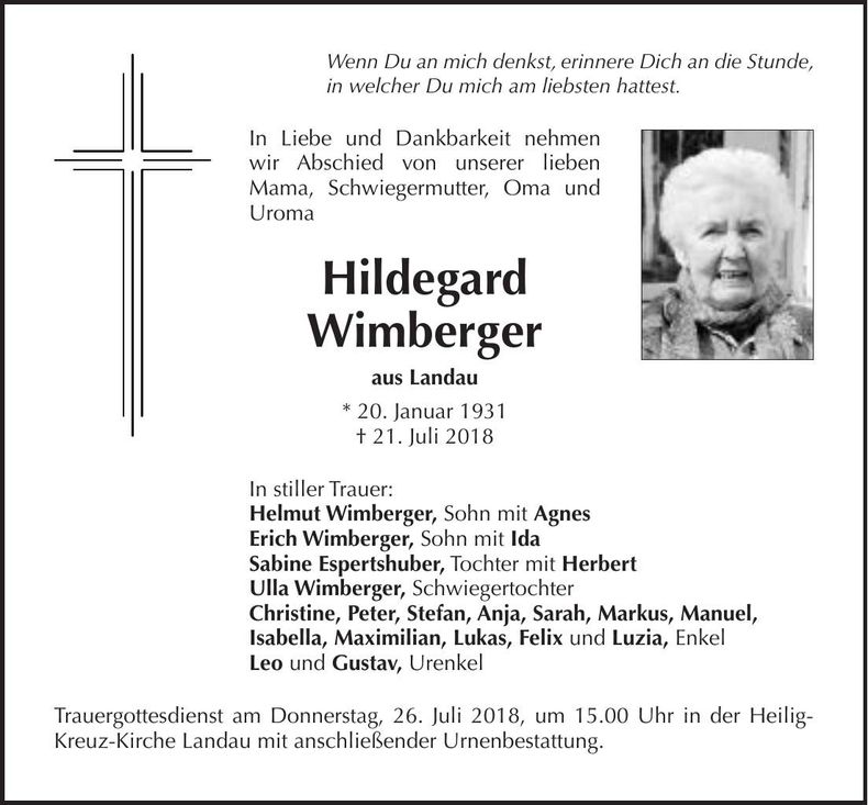 Traueranzeige Hildegard Wimberger