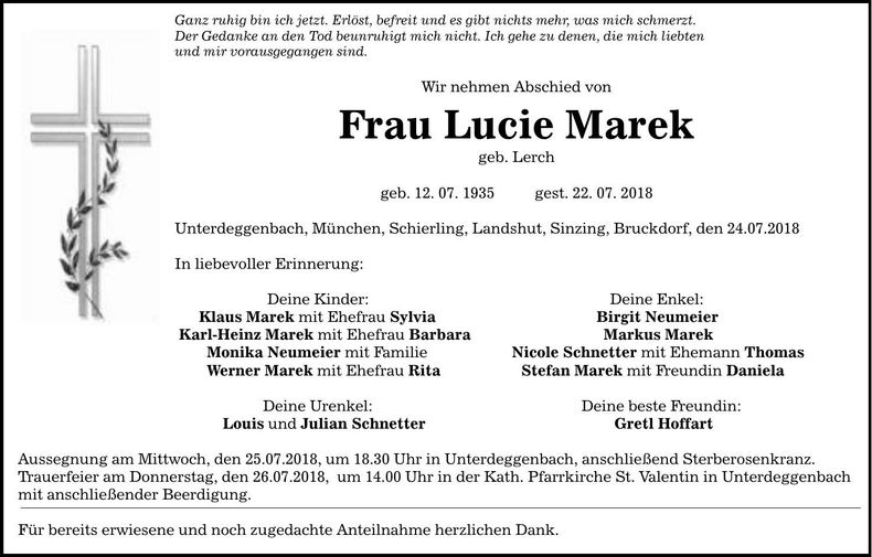 Traueranzeige Lucie Marek