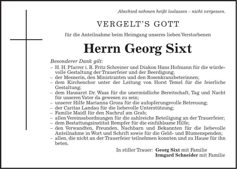 Traueranzeige Georg Sixt