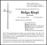 Traueranzeige Helga Riepl