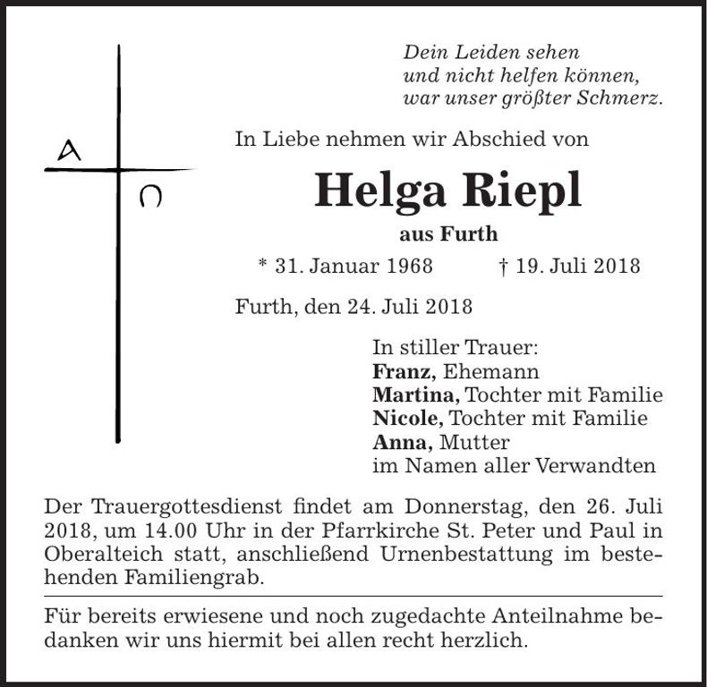 Traueranzeige Helga Riepl