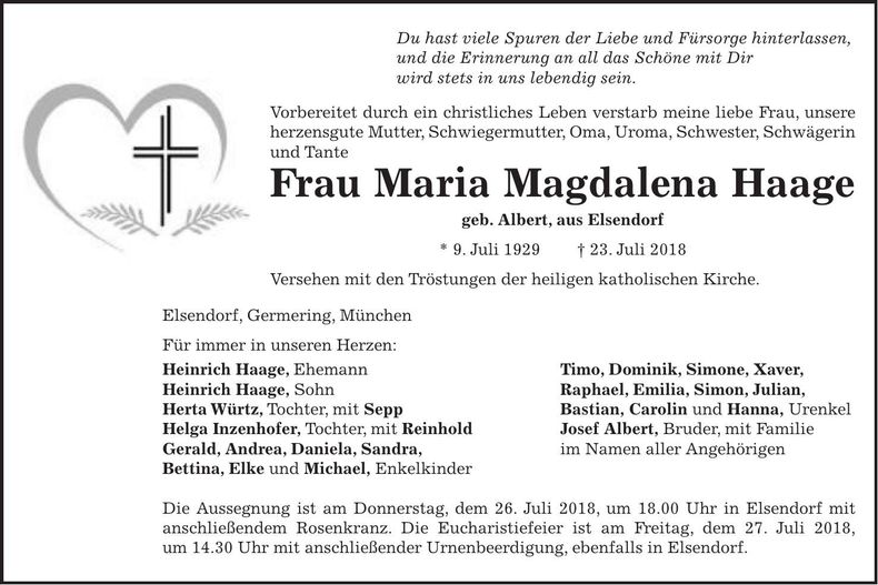 Traueranzeige Maria Haage