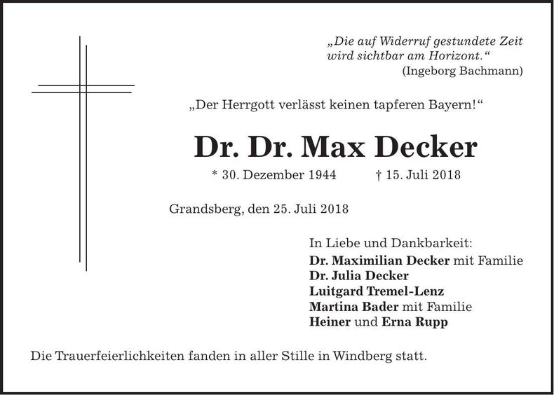 Traueranzeige Dr. Dr. Max Decker
