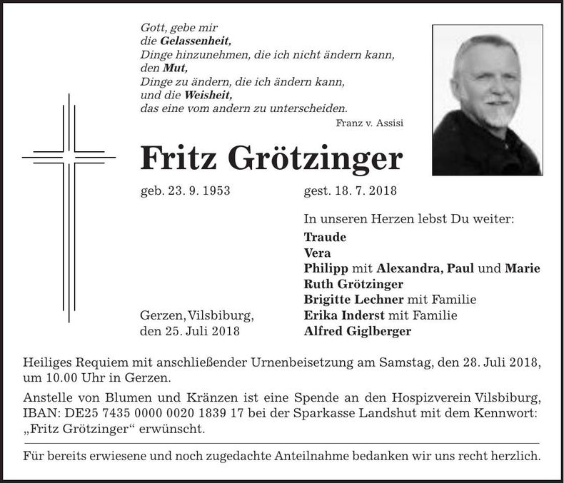 Traueranzeige Fritz Grötzinger