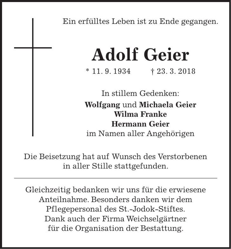 Traueranzeige Adolf Geier