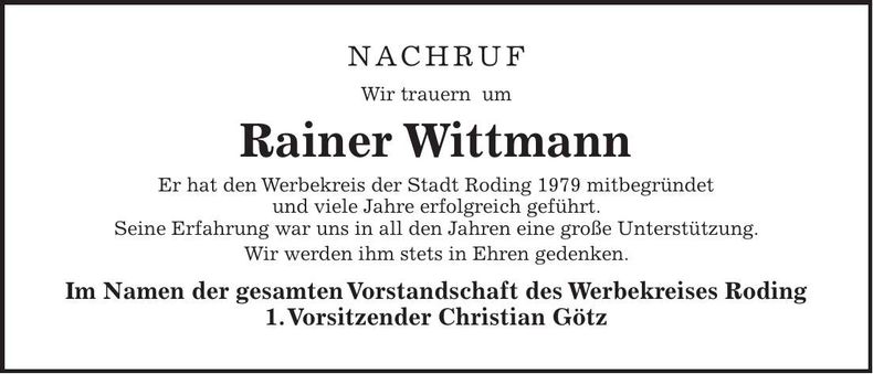 Traueranzeige Rainer Wittmann