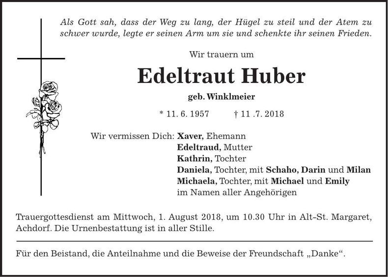 Traueranzeige Edeltraut Huber