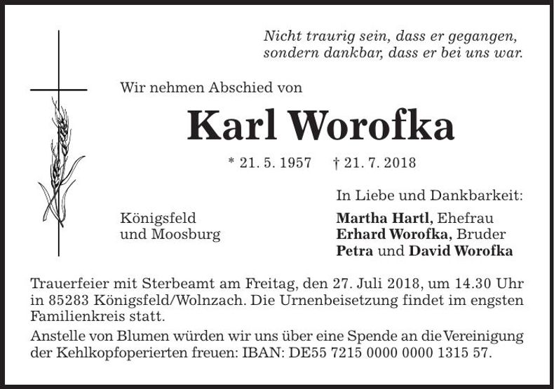 Traueranzeige Karl Worofka