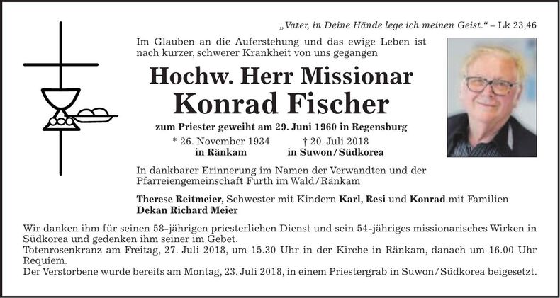Traueranzeige Konrad Hochwürdiger Herr Missionar Fischer