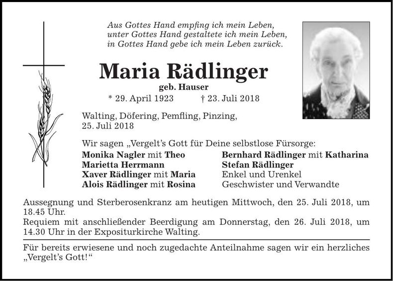 Traueranzeige Maria Rädlinger