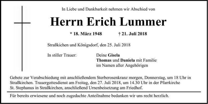 Traueranzeige Erich Lummer