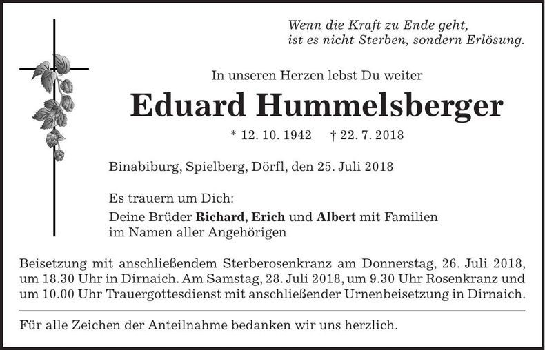 Traueranzeige Eduard Hummelsberger