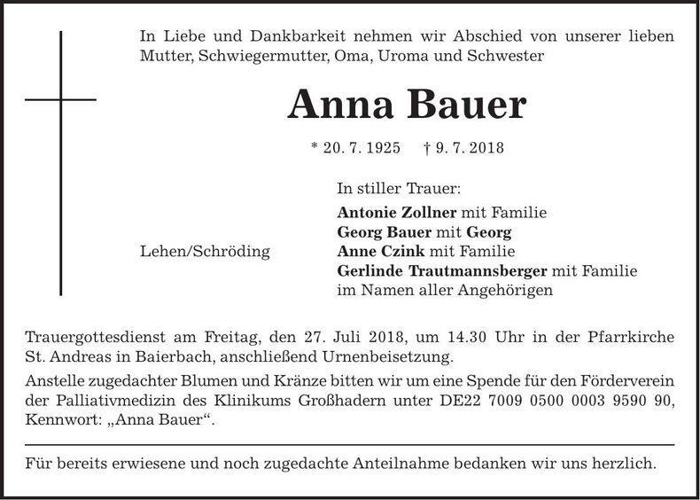 Traueranzeige Anna Bauer