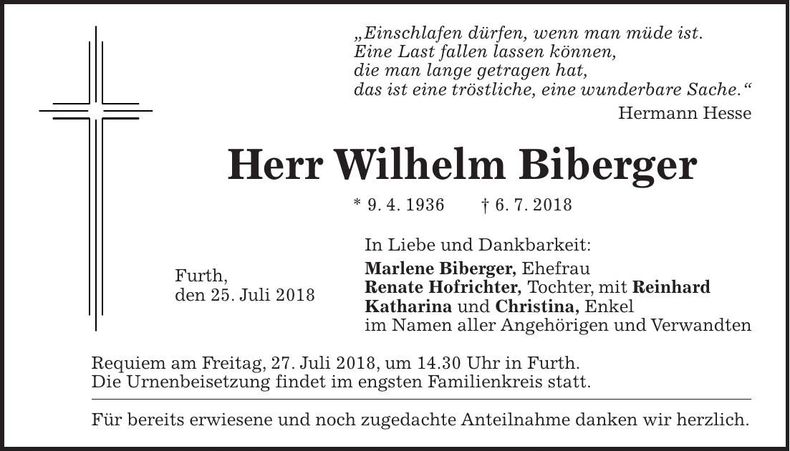Traueranzeige Wilhelm Biberger