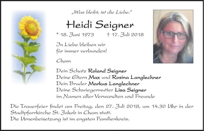 Traueranzeige Heidi Seigner