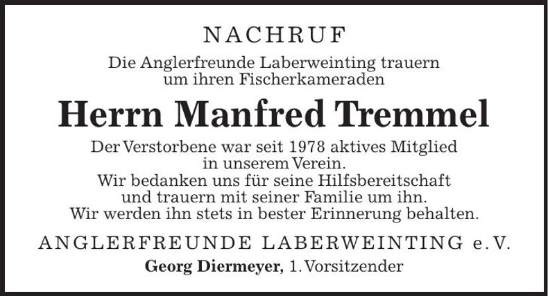 Traueranzeige Manfred Tremmel