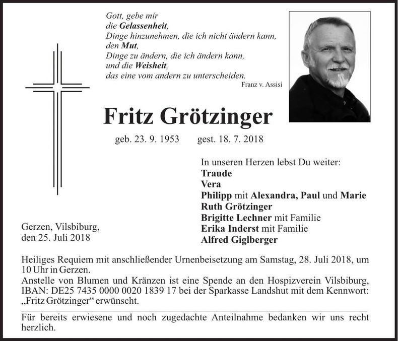 Traueranzeige Fritz Grötzinger