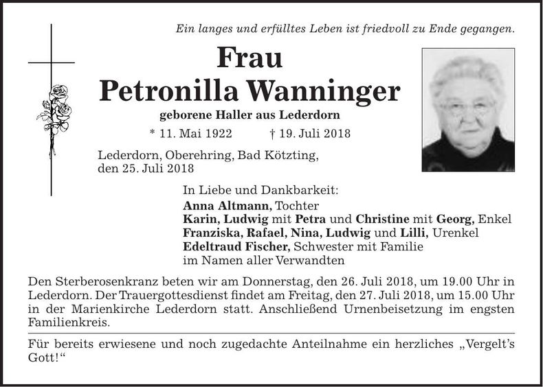 Traueranzeige Petronilla Wanninger