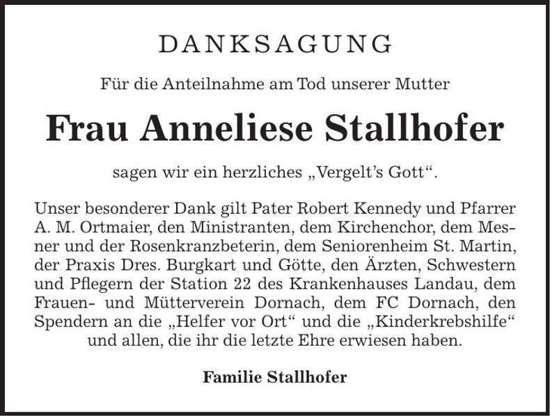 Traueranzeige Anneliese Stallhofer