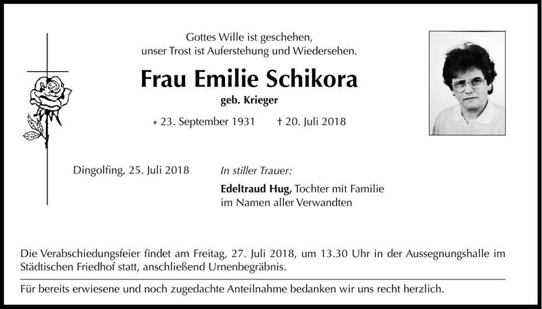 Traueranzeige Emilie Schikora