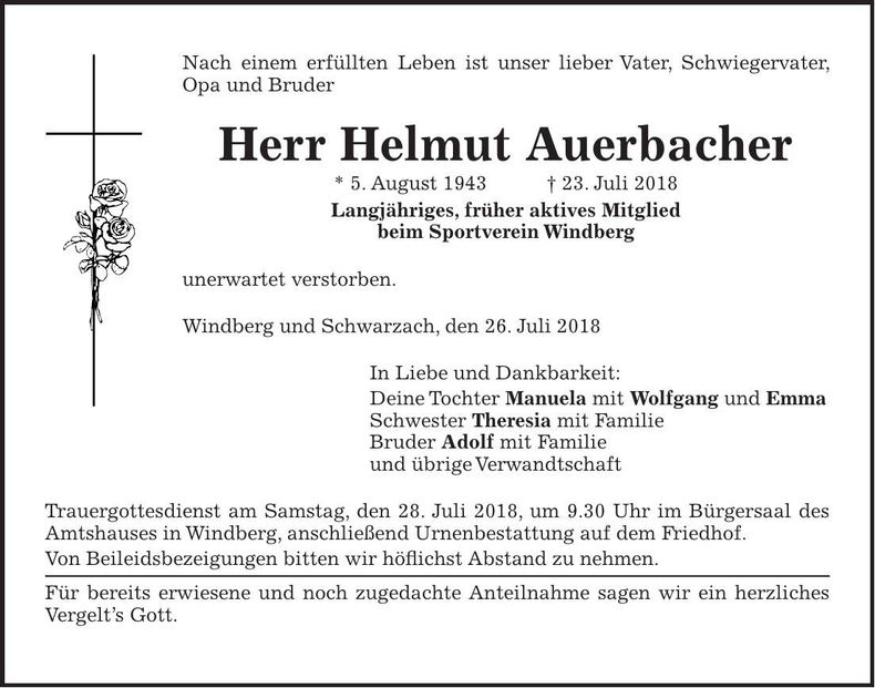 Traueranzeige Helmut Auerbacher